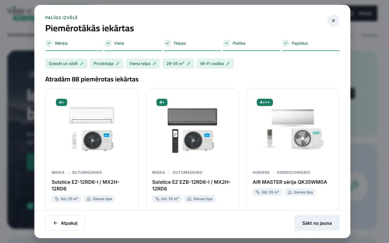 Palīgs izvēlē pēc piecām atbildēm: 88 piemērotas iekārtas, pirmās ar cenu un cenu ar uzstādīšanu.