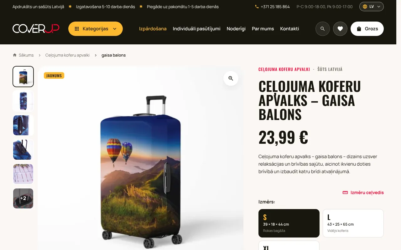 Preces lapa šodien: izmēri S, L un XL ar mēriem, termiņš un piegādes veidi blakus pogai „Ielikt grozā”.