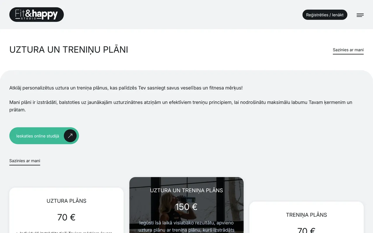 fitandhappy.lv: Nutrition and training plans (screenshot of the live site)