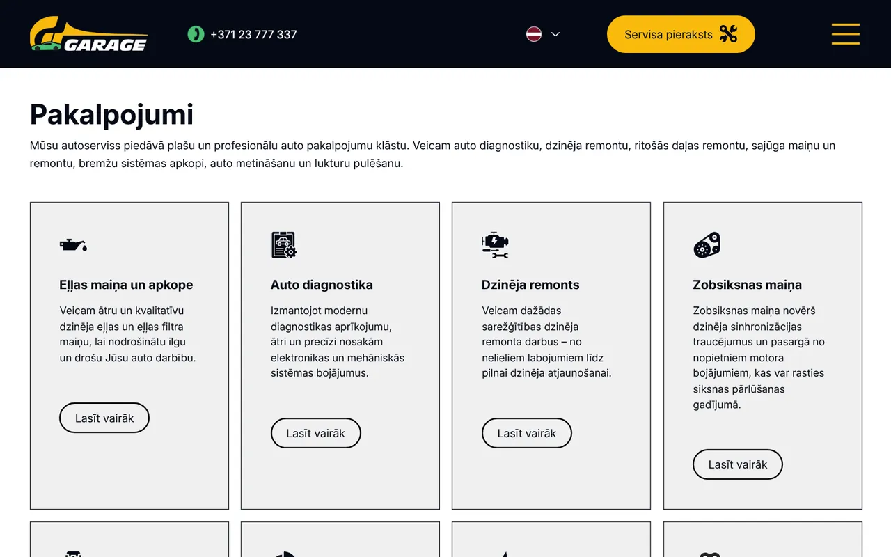 gtgarage.lv: Pakalpojumi (ekrānuzņēmums no dzīvās lapas)