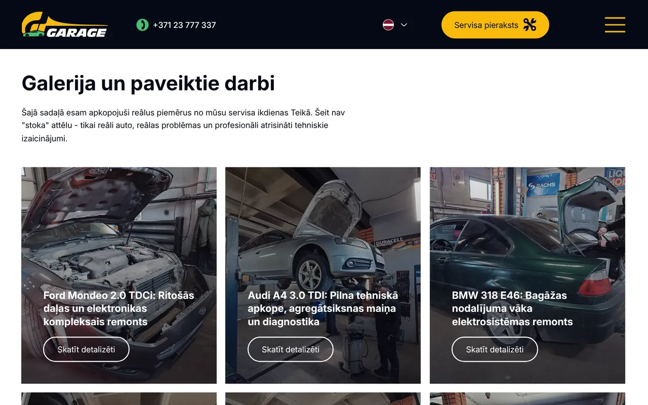 gtgarage.lv: Galerija un paveiktais (ekrānuzņēmums no dzīvās lapas)