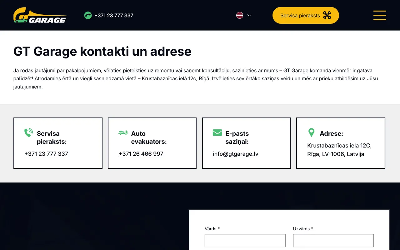 gtgarage.lv: Kontakti (ekrānuzņēmums no dzīvās lapas)