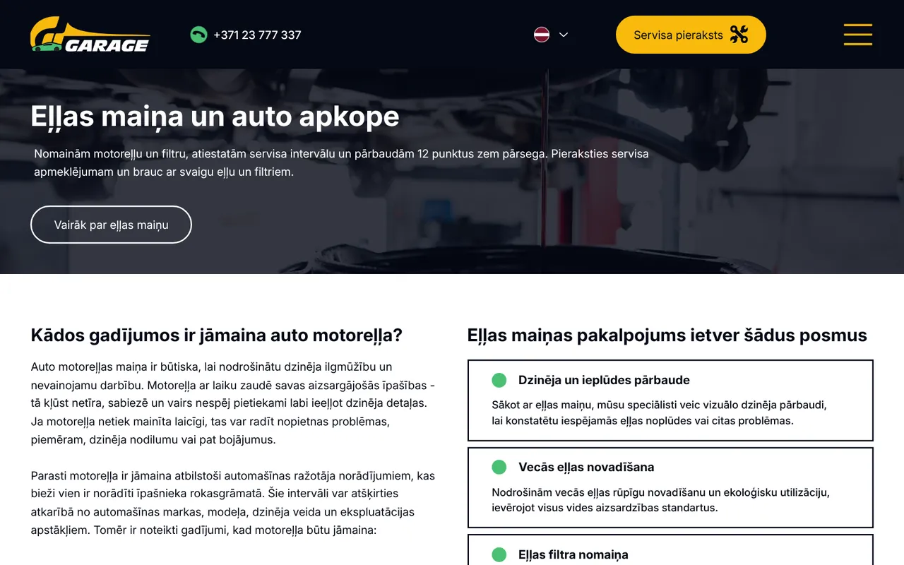 gtgarage.lv: Eļļas maiņa (ekrānuzņēmums no dzīvās lapas)