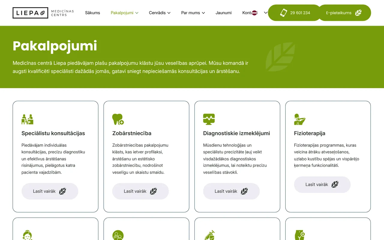 liepamc.lv: Services (screenshot of the live site)