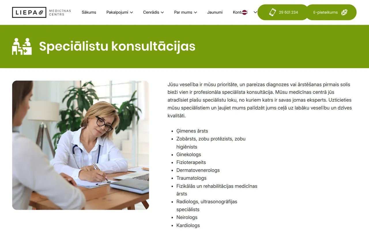 liepamc.lv: Specialist consultations (screenshot of the live site)