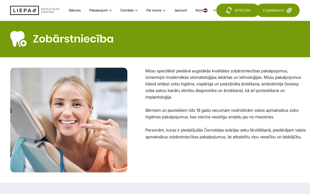 liepamc.lv: Dentistry (screenshot of the live site)