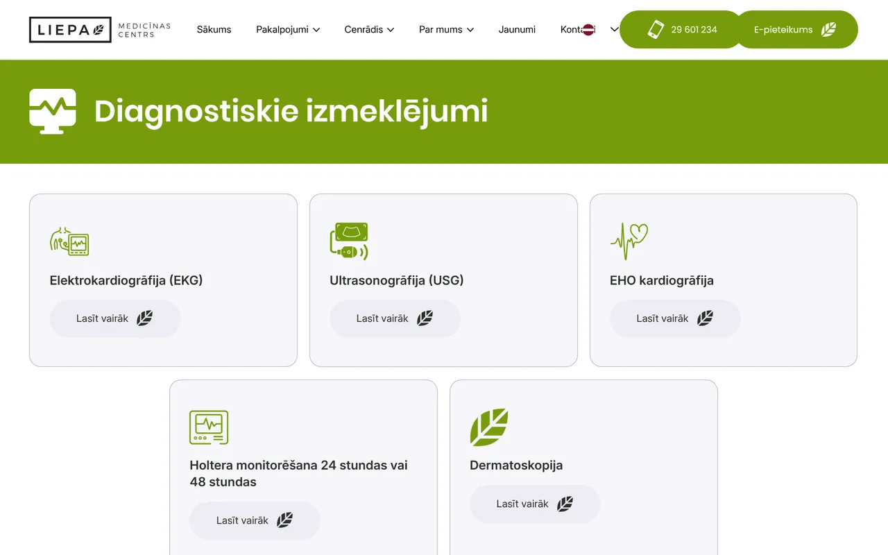liepamc.lv: Diagnostic examinations (screenshot of the live site)