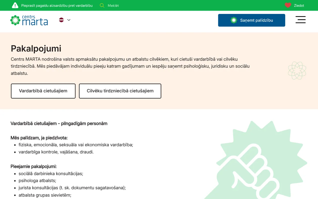 marta.lv: Pakalpojumi (ekrānuzņēmums no dzīvās lapas)