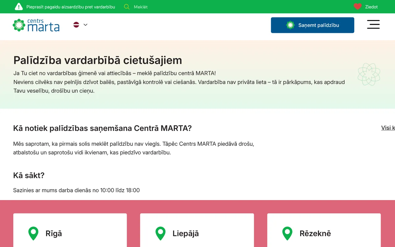 marta.lv: Vardarbībā cietušajiem (ekrānuzņēmums no dzīvās lapas)