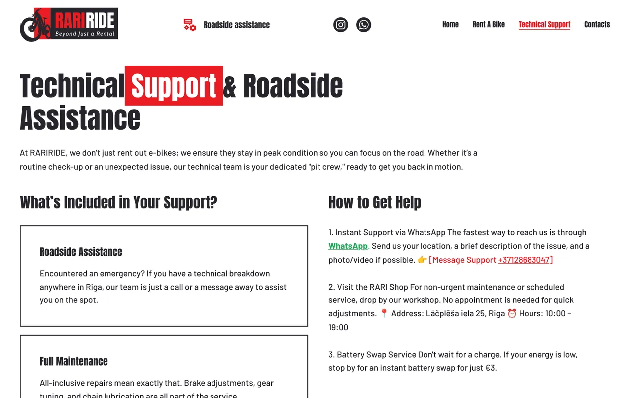 rariride.lv: Roadside assistance (screenshot of the live site)
