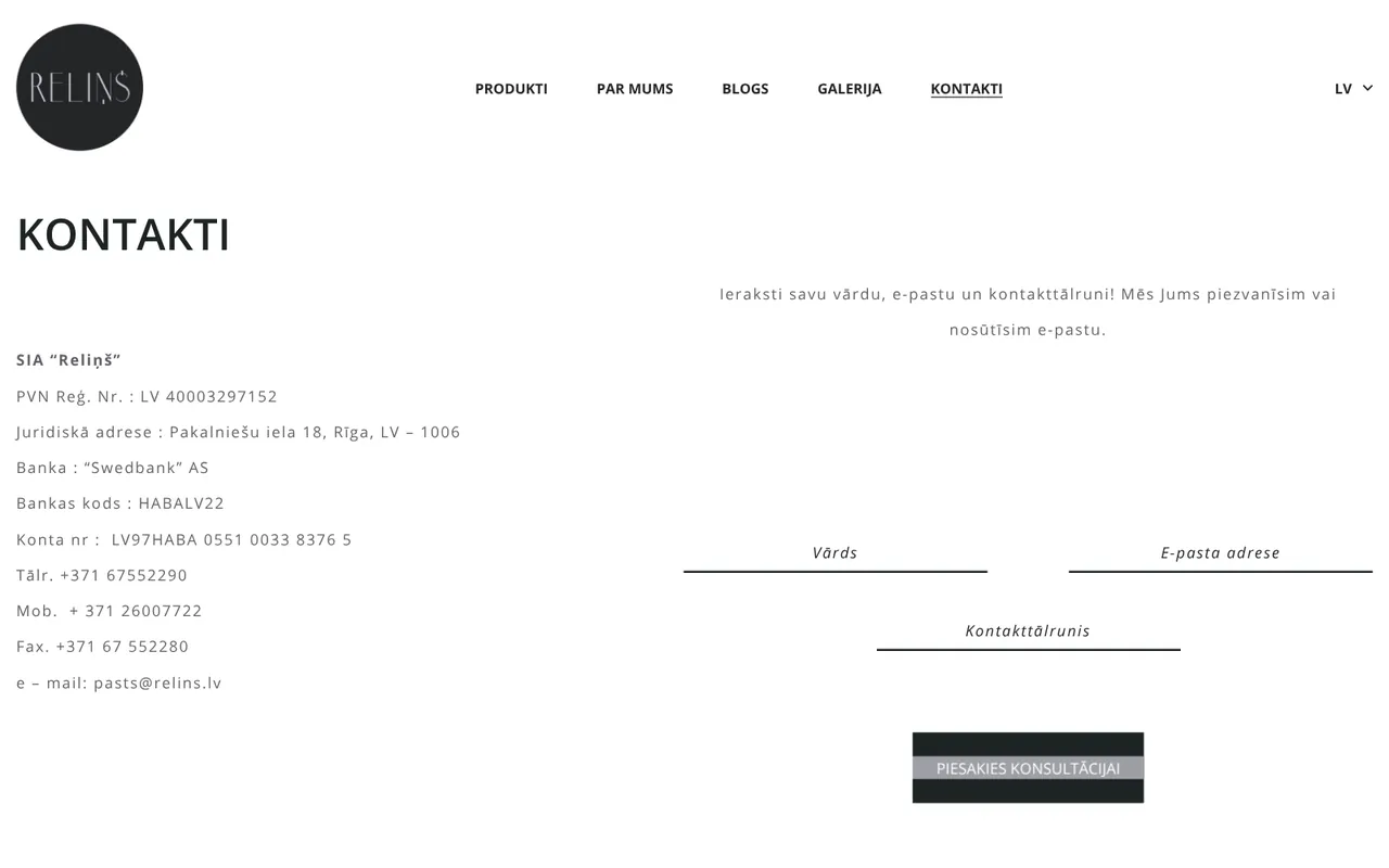 relins.lv: Contact (screenshot of the live site)