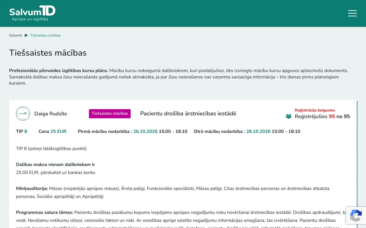 salvumtd.lv: Tiešsaistes mācības (ekrānuzņēmums no dzīvās lapas)