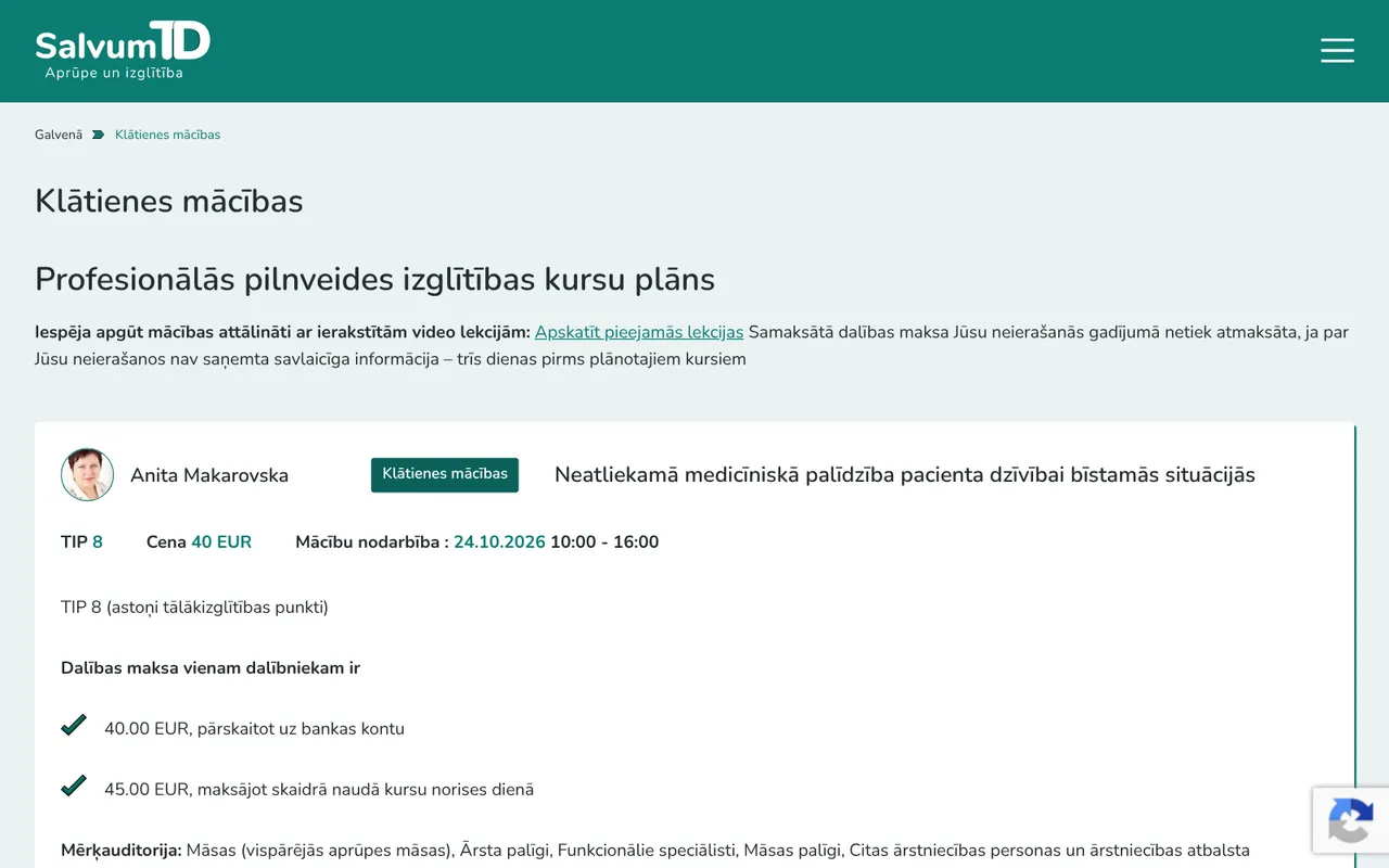 salvumtd.lv: Klātienes mācības (ekrānuzņēmums no dzīvās lapas)