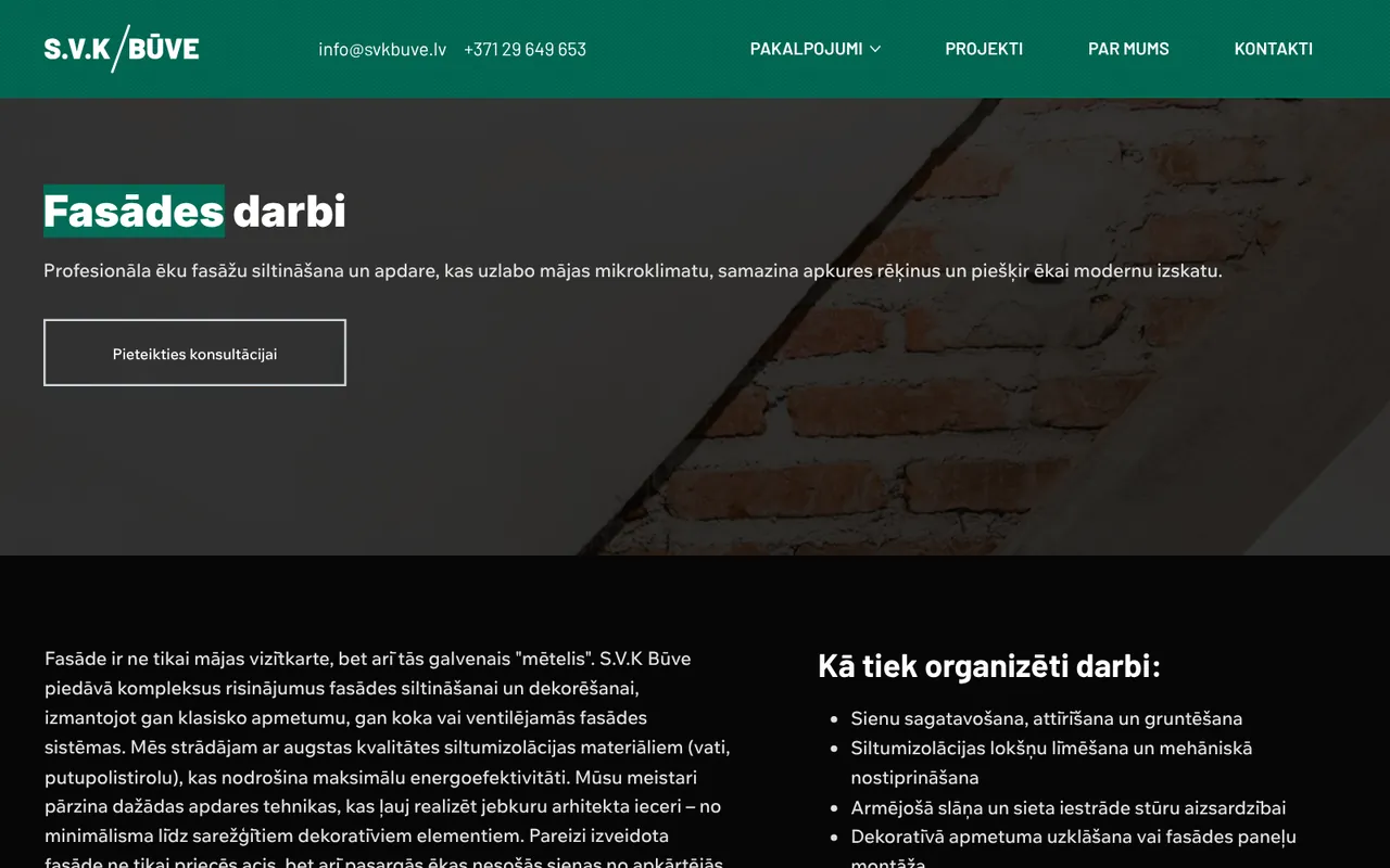 svkbuve.lv: Facade works (screenshot of the live site)