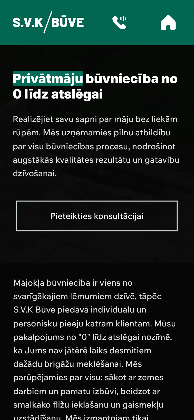 svkbuve.lv на мобильном: Строительство частных домов