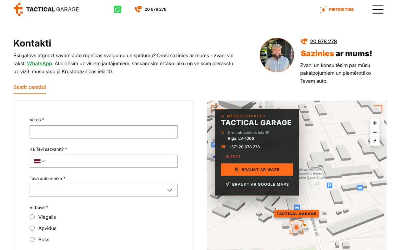 tacticalgarage.lv: Kontakti (ekrānuzņēmums no dzīvās lapas)