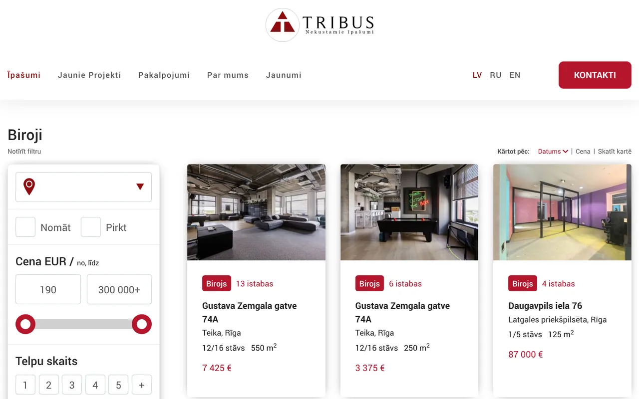 tribus.lv: Biroji (ekrānuzņēmums no dzīvās lapas)