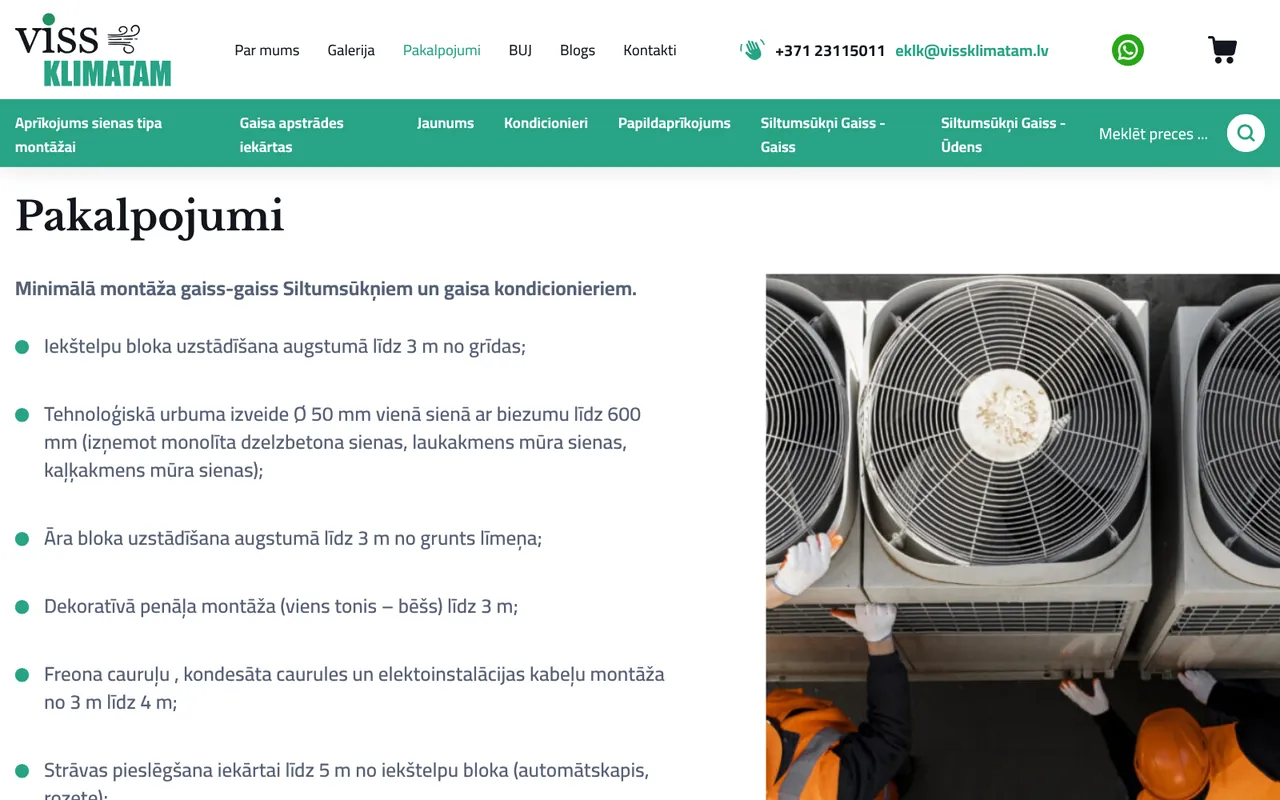 vissklimatam.lv: Pakalpojumi (ekrānuzņēmums no dzīvās lapas)