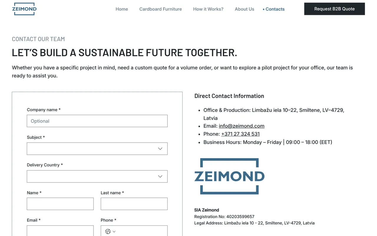 zeimond.eu: Contacts (screenshot of the live site)