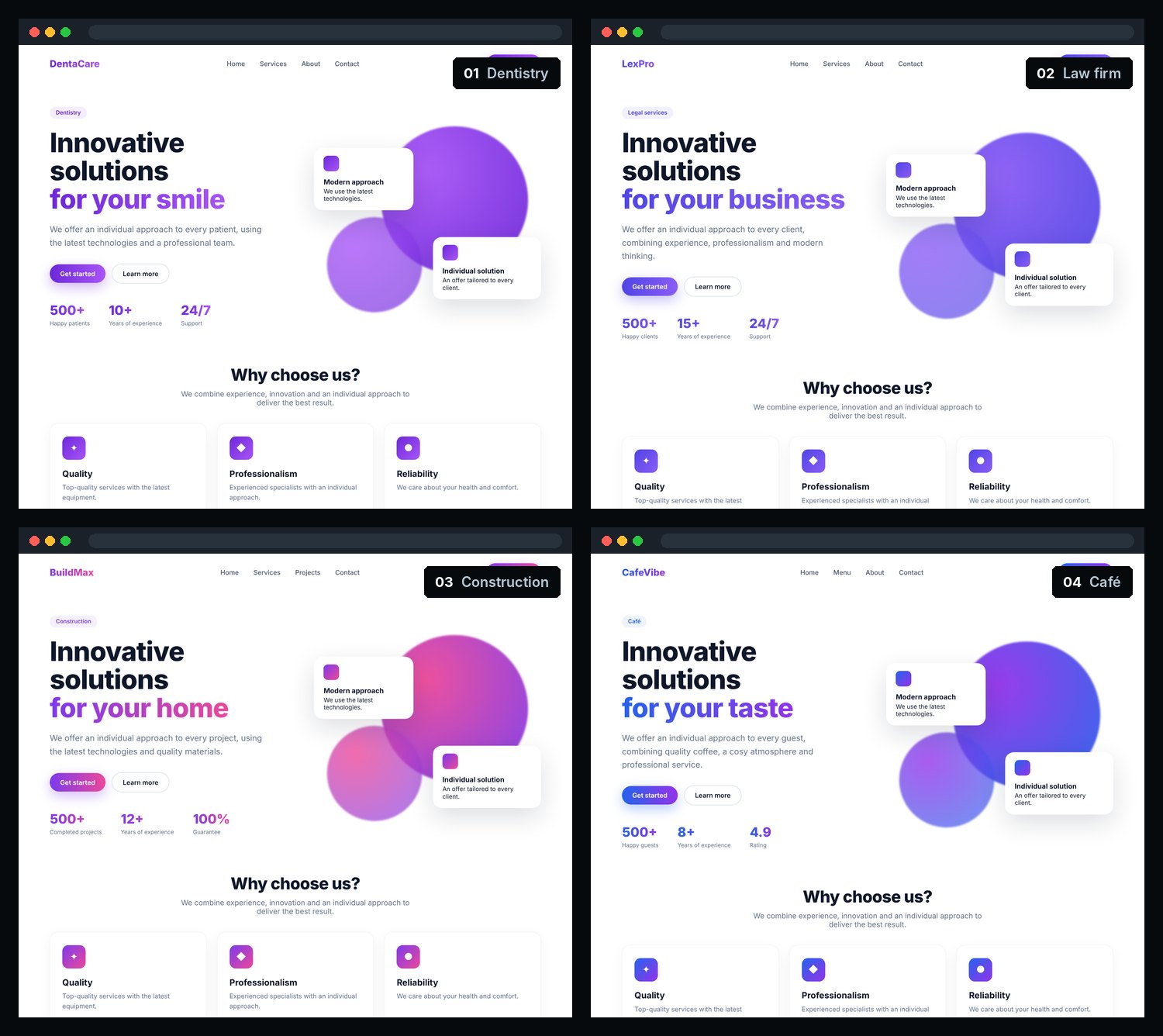 Four AI slop websites built from one template: a dentist, a law firm, a construction company and a café