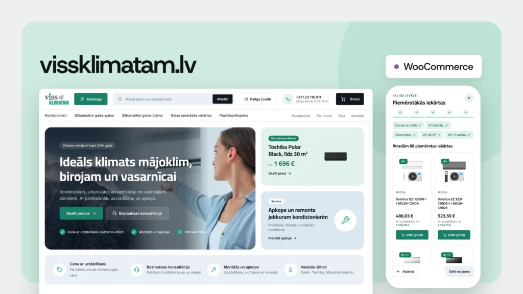 Atjauninātais Viss Klimatam interneta veikals datorā un palīgs iekārtas izvēlei telefonā