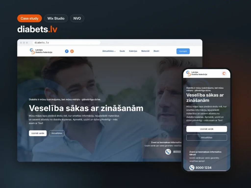 Latvijas Diabēta federācijas mājaslapa diabets.lv datorā un telefonā